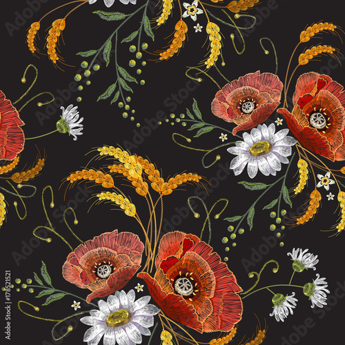 White chamomiles and red poppies embroidery seamless pattern. Beautiful bouquet of chamomiles, poppies classic embroidery seamless background for clothes