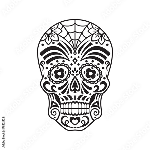 Sugar skull. Black tattoo. Mexican Day of the Dead. Vector illustration.