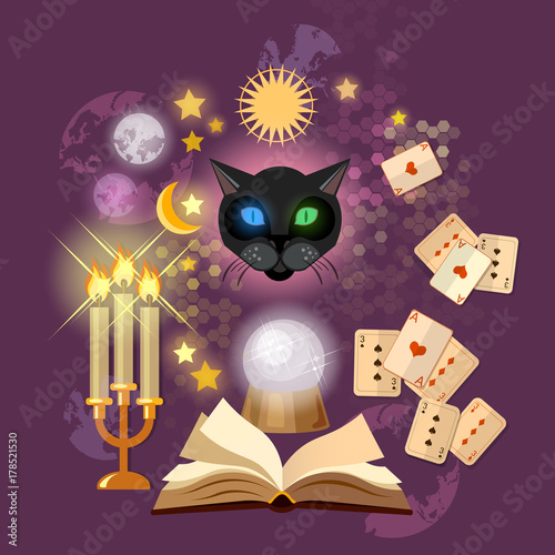 Astrology and alchemy. Fortune telling vector. Open magic book. Prediction of the future, playing cards of Tarot, mystical cat