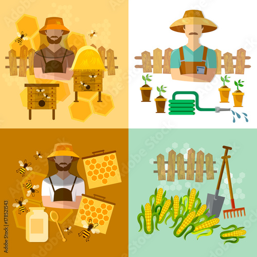 Garden set beekeeping honey and bees cultivation vegetables work in the greenhouse. Honey and beekeeping industry