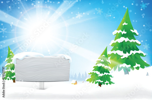 Blank wooden frame with copy space and winter snow flake falling into snow floor  and lighting over blue abstract background