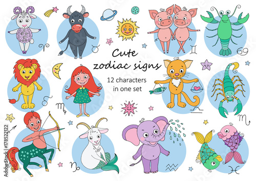 Big set of cute fantastic animals and characters as zodiac signs