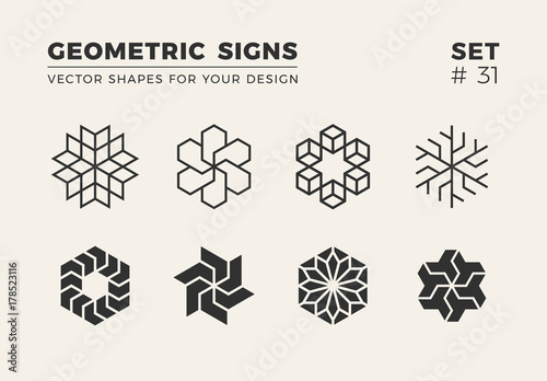 Set of eight minimalistic trendy shapes. Stylish vector logo emblems for Your design. Simple creative geometric signs collection.