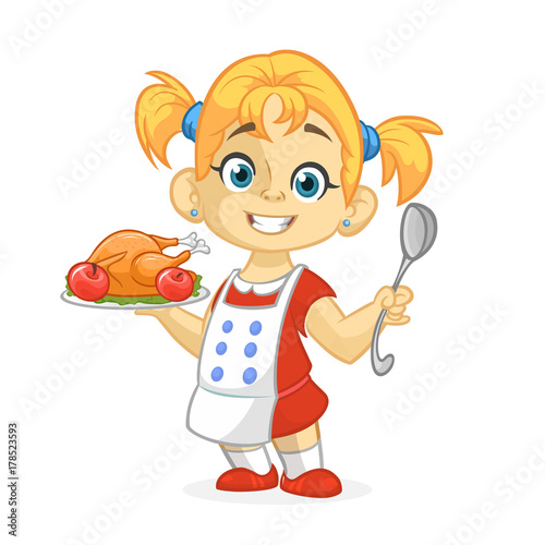 Cartoon cute little blond girl in apron serving roasted thanksgiving turkey dish holding a tray and spoon. Vector illustration isolated. Thanksgiving design