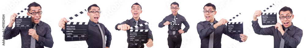 Funny man with movie clapper Funny man with movie clapper