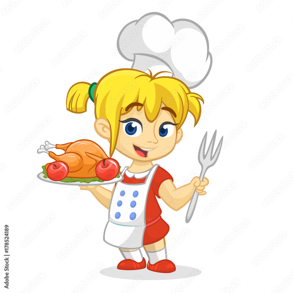 Cartoon cute little blond girl in apron and chef's hat serving roasted thanksgiving turkey dish holding a tray and fork. Vector illustration isolated. Thanksgiving design Cartoon cute little blond girl in apron and chef's hat serving roasted thanksgiving turkey dish holding a tray and fork. Vector illustration isolated. Thanksgiving design