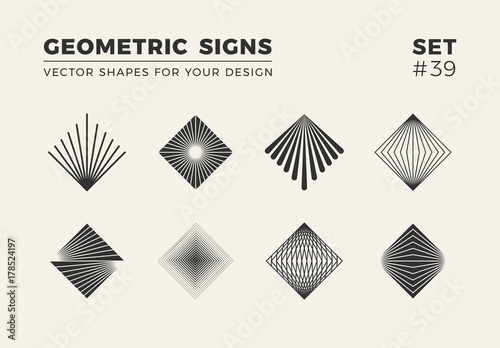 Set of eight minimalistic trendy shapes. Stylish vector logo emblems for Your design. Simple creative geometric signs collection.