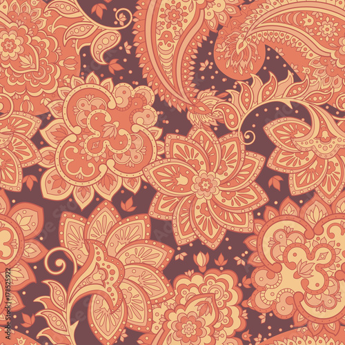Paisley vector seamless pattern. Fantastic flower, leaves. Textile bohemian print. Batik painting.Vintage