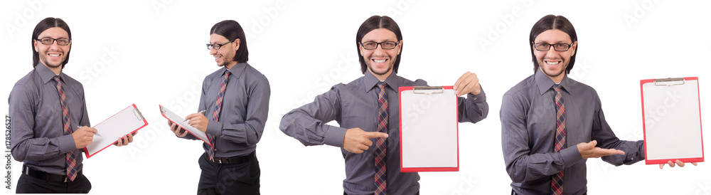 Young businessman with paper isolated on white Young businessman with paper isolated on white