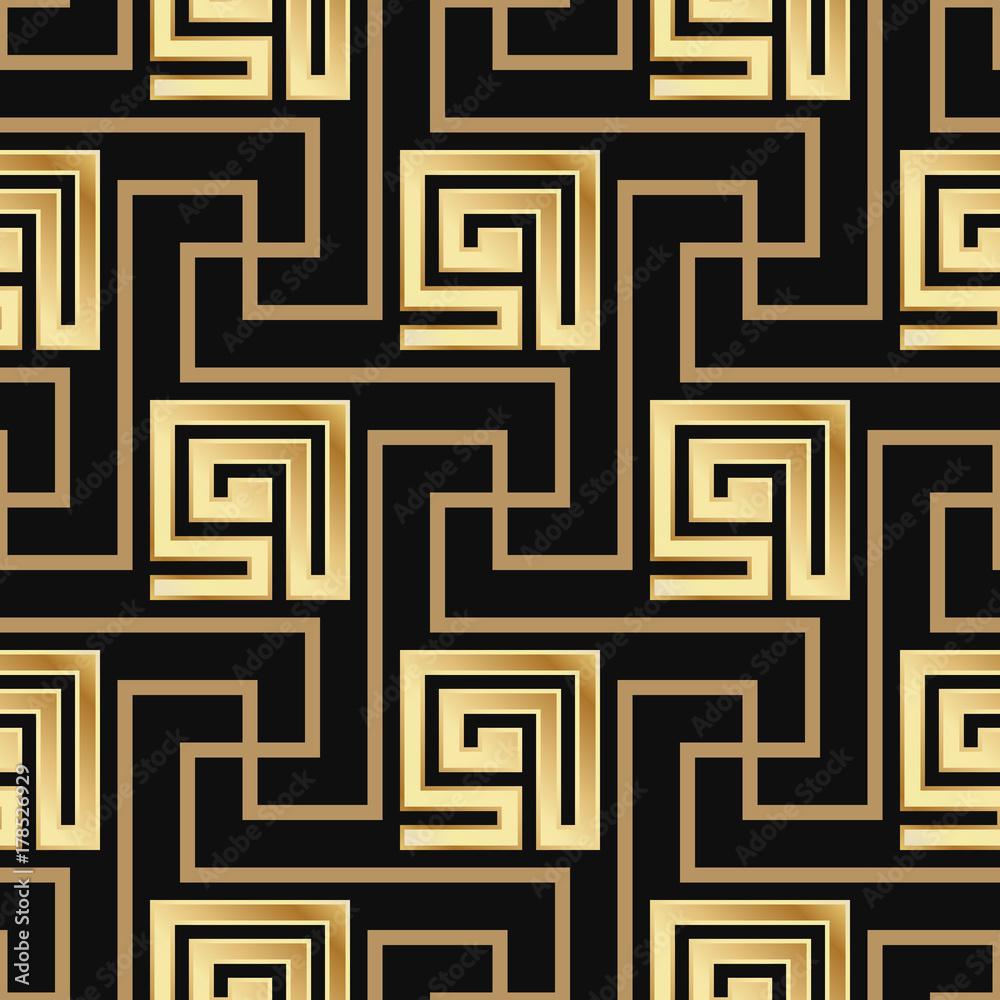 Seamless pattern meander ornament. Black and golden textile print. Greece vector design. Greek tiles.