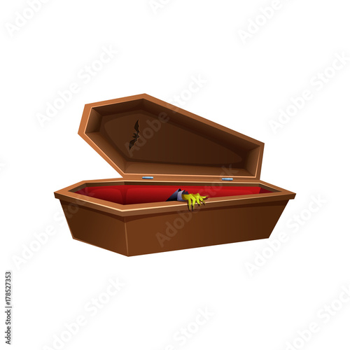 Cartoon wooden open coffin. Hand reaches out of the casket.