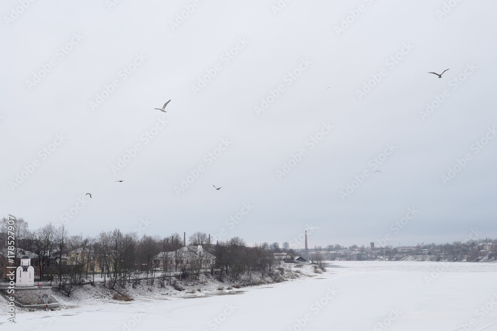 Olginskaya embankment. Winter Pskov. Russia.