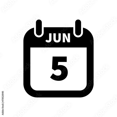 Simple black calendar icon with 5 june date isolated on white