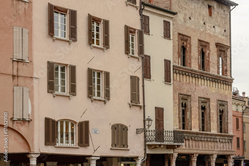 facades of Renaissance buildings on Erbe square, Mantua, Italy