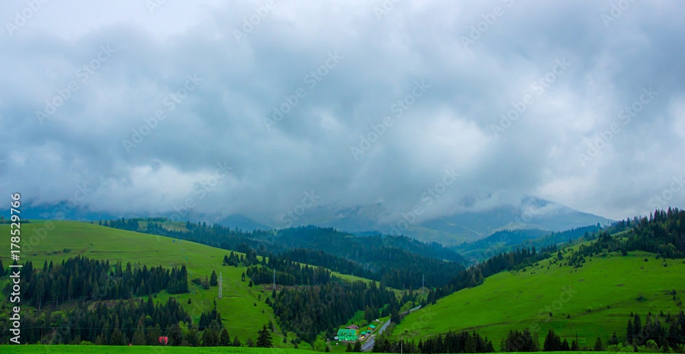 Mountain with green hills and pine trees on the slopes of a cloudy overcast