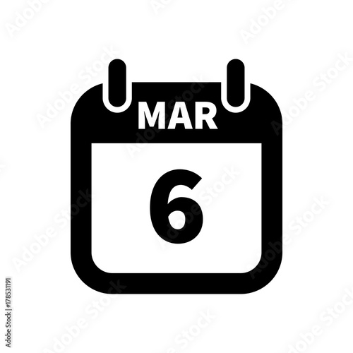 Simple black calendar icon with 6 march date isolated on white