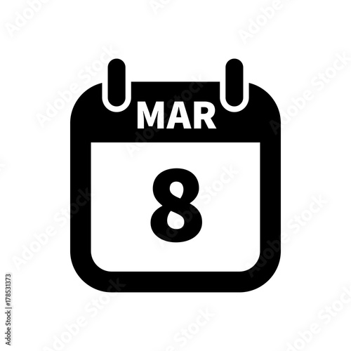 Simple black calendar icon with 8 march date isolated on white