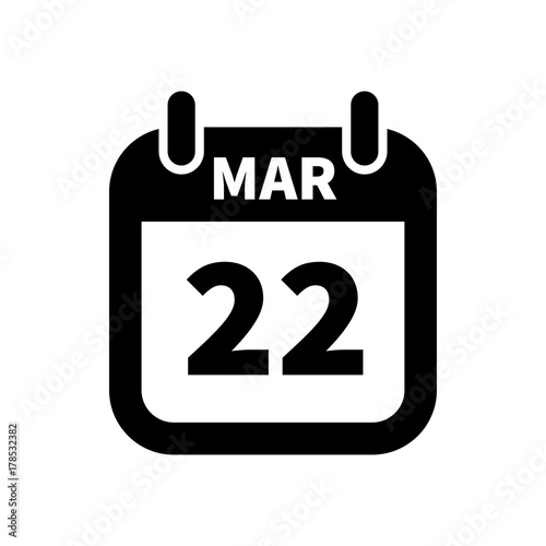 Simple black calendar icon with 22 march date isolated on white