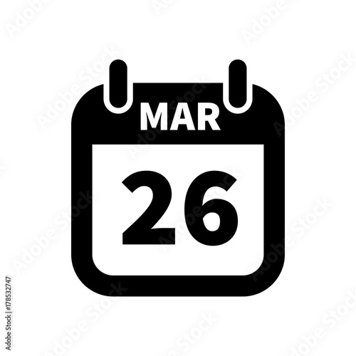 Simple black calendar icon with 26 march date isolated on white