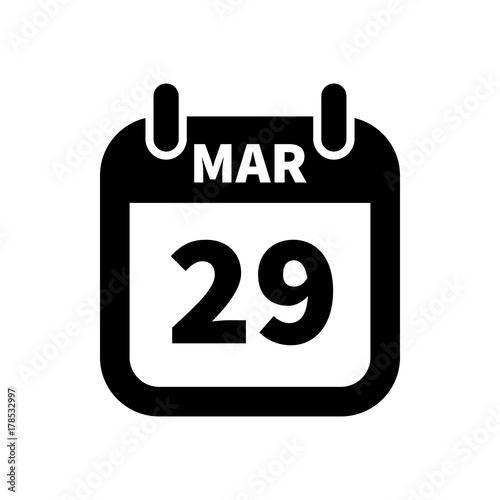 Simple black calendar icon with 29 march date isolated on white