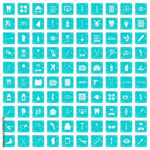 100 pharmacy icons set grunge blue