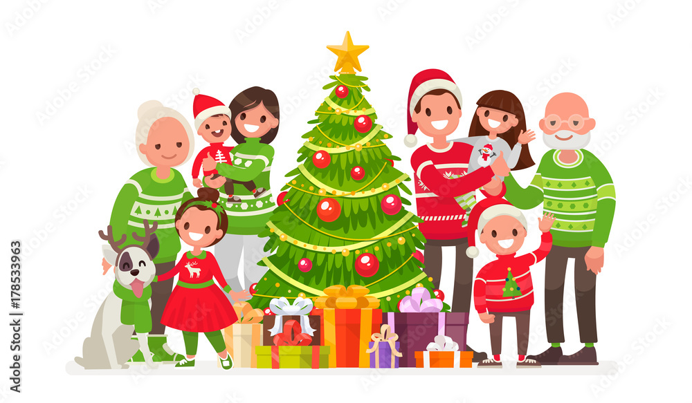 Big happy family and Christmas tree with gifts. Vector illustration
