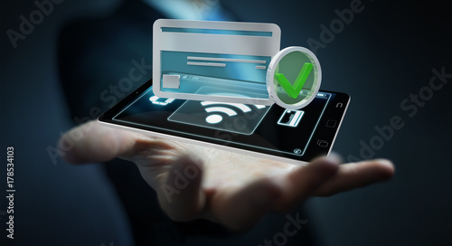 Businessman using contactless terminal payment 3D rendering