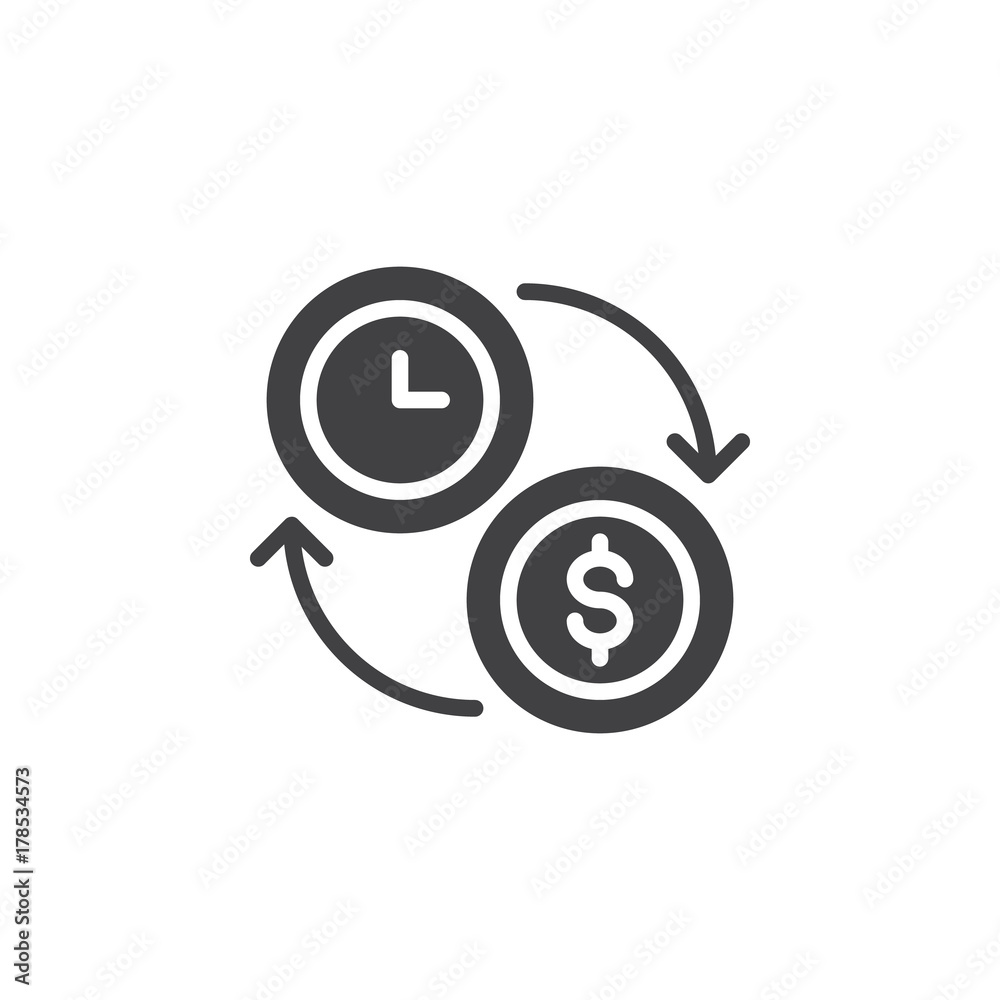 Clock and dollar coin icon vector, filled flat sign, solid pictogram isolated on white. Time is money symbol, logo illustration Clock and dollar coin icon vector, filled flat sign, solid pictogram isolated on white. Time is money symbol, logo illustration