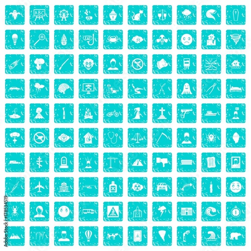 100 phobias icons set grunge blue