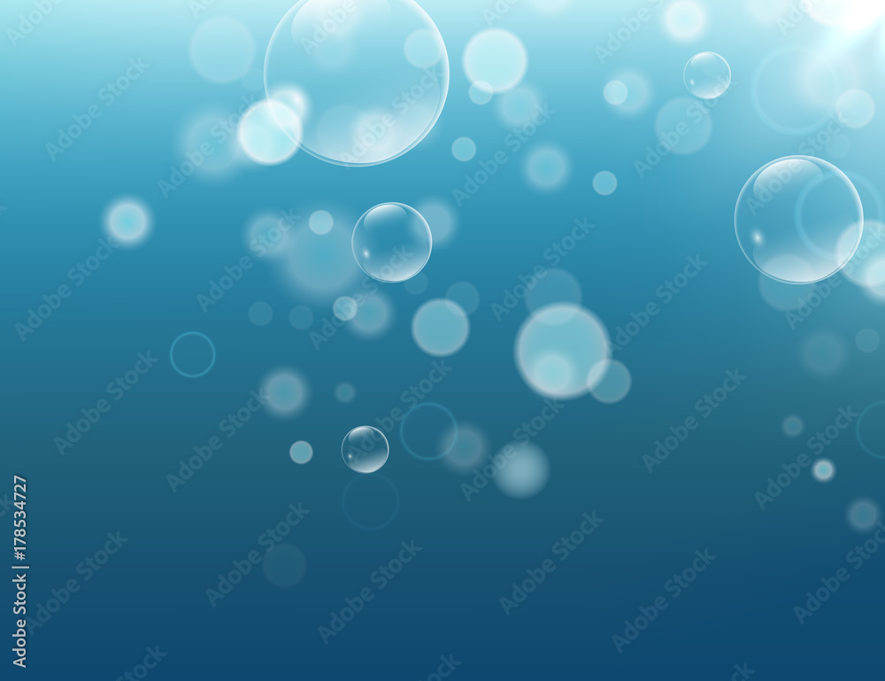 A beautiful light blue shiny background with water bubbles and bokeh. Blue water, deep sea, ocaen background template for design and print. Vector illustration, eps10
