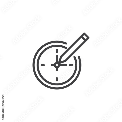 Wall clock and pen line icon, outline vector sign, linear style pictogram isolated on white. Time management symbol, logo illustration. Editable stroke