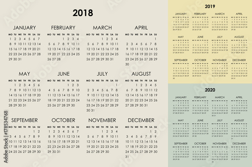Calendar 2018, 2019, 2020 years