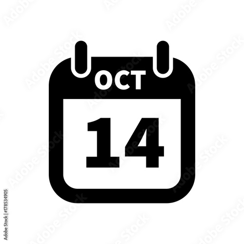 Simple black calendar icon with 14 october date isolated on white