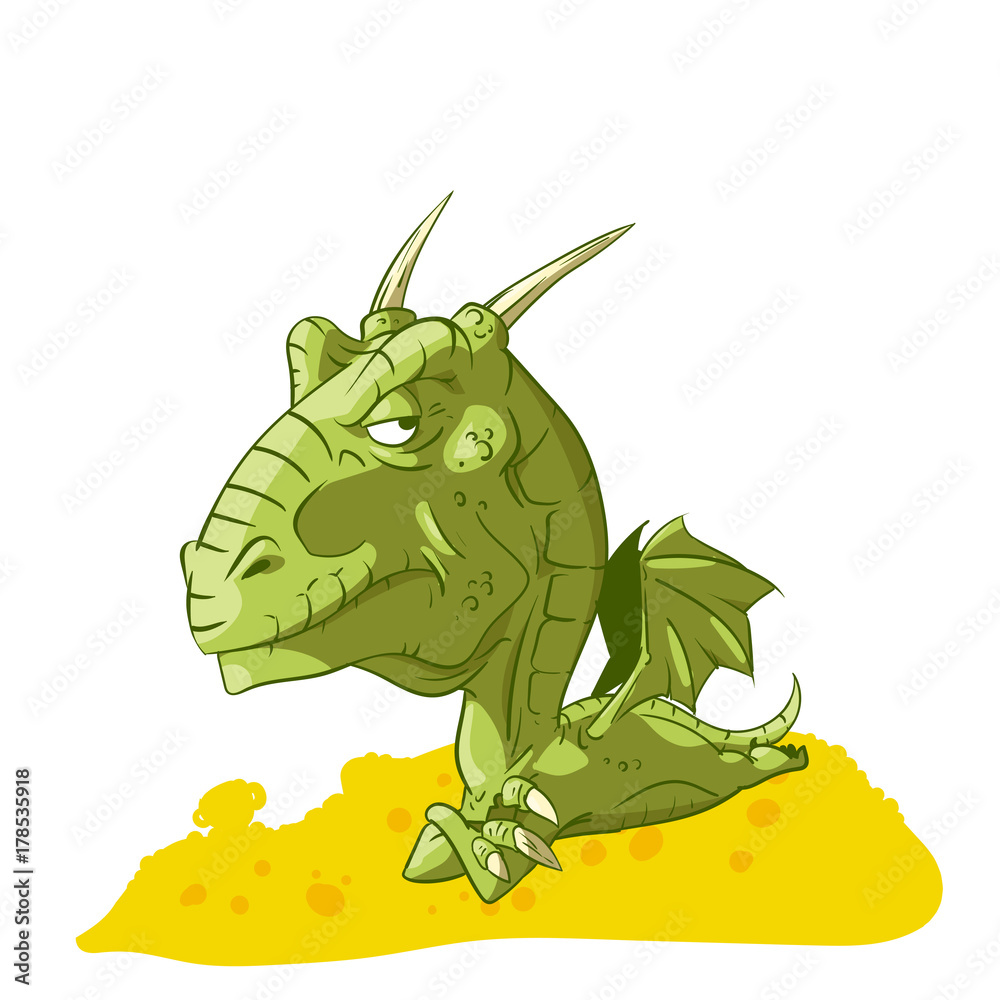 Fototapeta premium Colorful vector illustration of a cartoon grumpy dragon, laying on a treasure