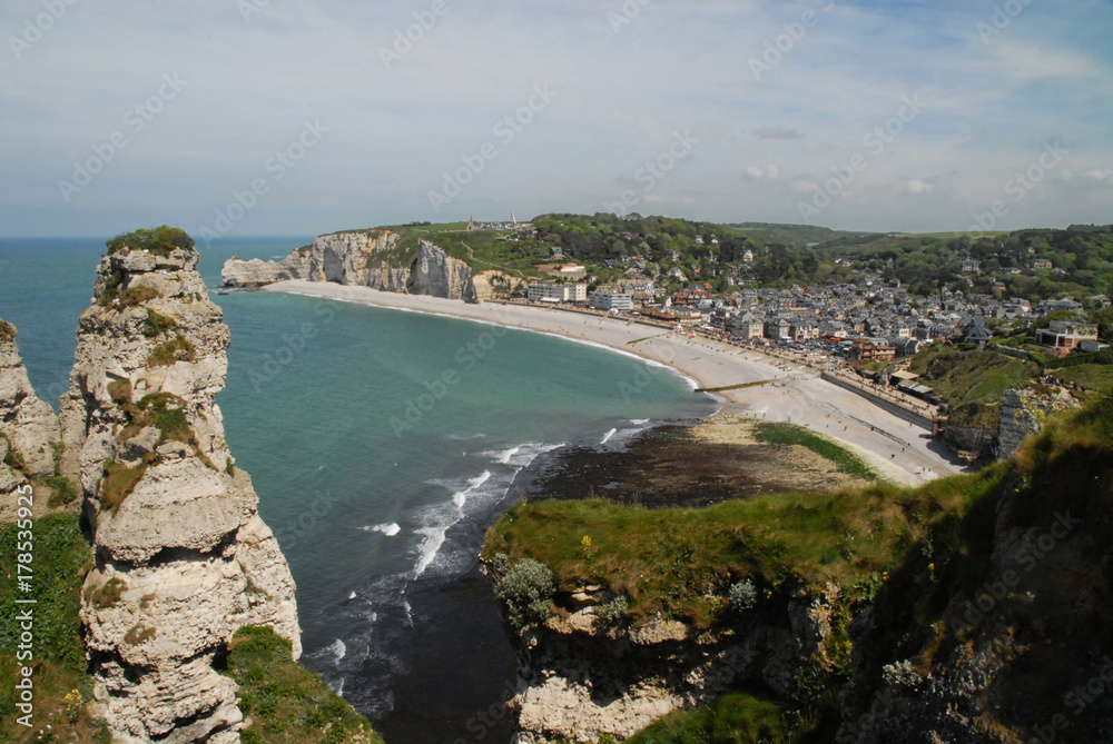 View of Etretat, Normandy, from chalk cliffs