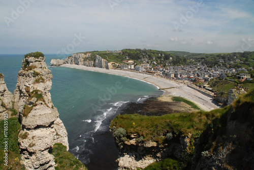 View of Etretat  Normandy  from chalk cliffs