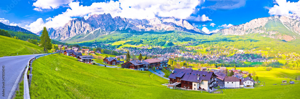 Beautiful town of Cortina d' Ampezzo in Dolomites Alps panoramic view
