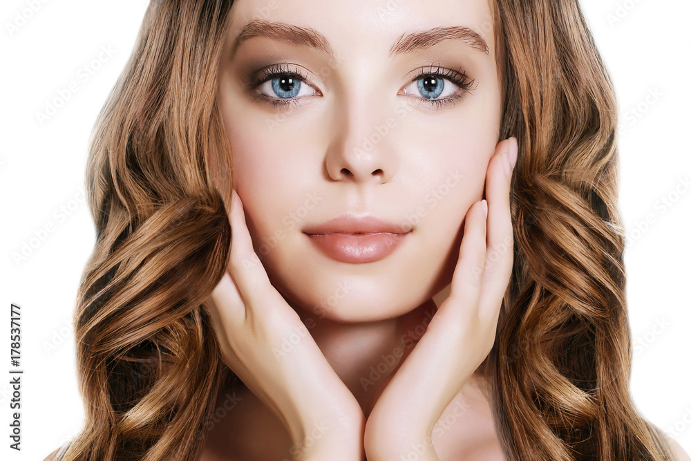 Fototapeta premium Attractive young womanwith curls hair . Face closeup.Skin care.