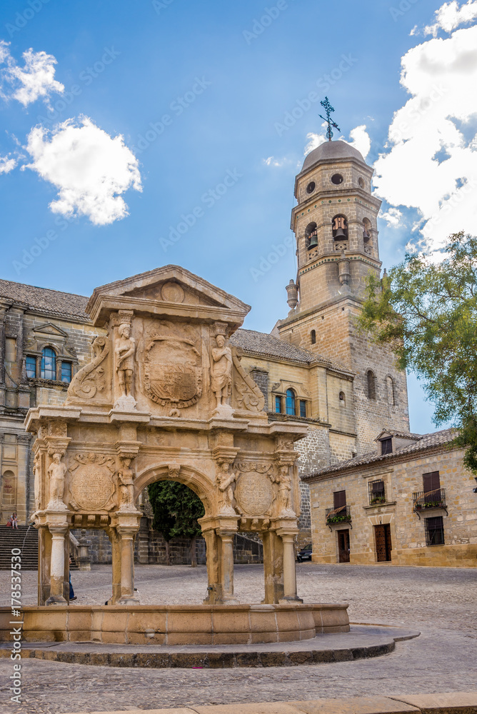 View at the fountain of Santa Maria with Cathedral of Baeza - Spain
