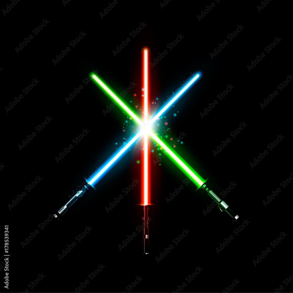 Set of realistic light swords. Crossed sabers. Vector illustration isolated on dark background