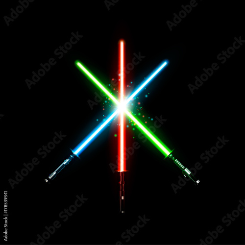 Set of realistic light swords. Crossed sabers. Vector illustration isolated on dark background