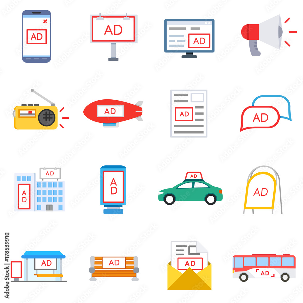 Advertising, icon set. Advertisements on various surfaces