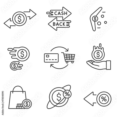 Cashback reward program icon set. Encourage for purchase. Isolated vector Illustration in linear design. Line with editable stroke