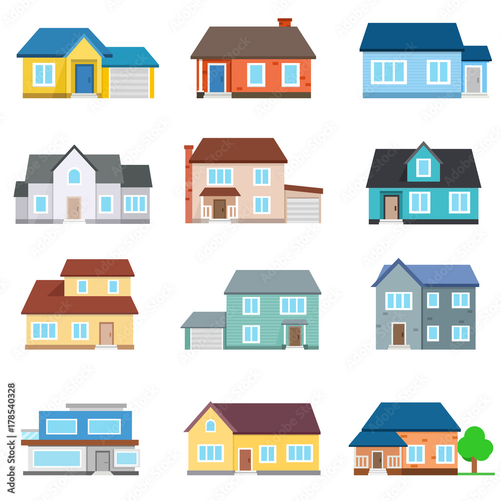 Set of houses front view. Collection of icons of urban and suburban house, town house, and cottage. Isolated vector illustration