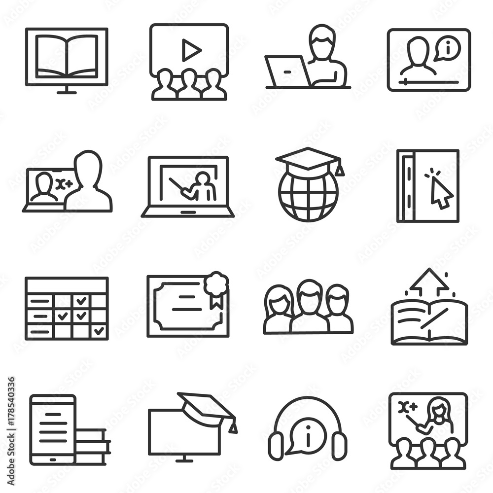 e-learning icon set, thin line design. Distance learning specialty. Line with editable stroke e-learning icon set, thin line design. Distance learning specialty. Line with editable stroke