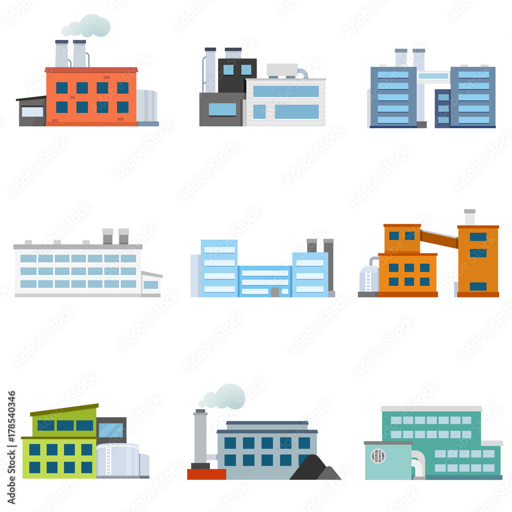 Set of factories. Industrial building factory. Collection of industry manufactory building. Vector illustration.