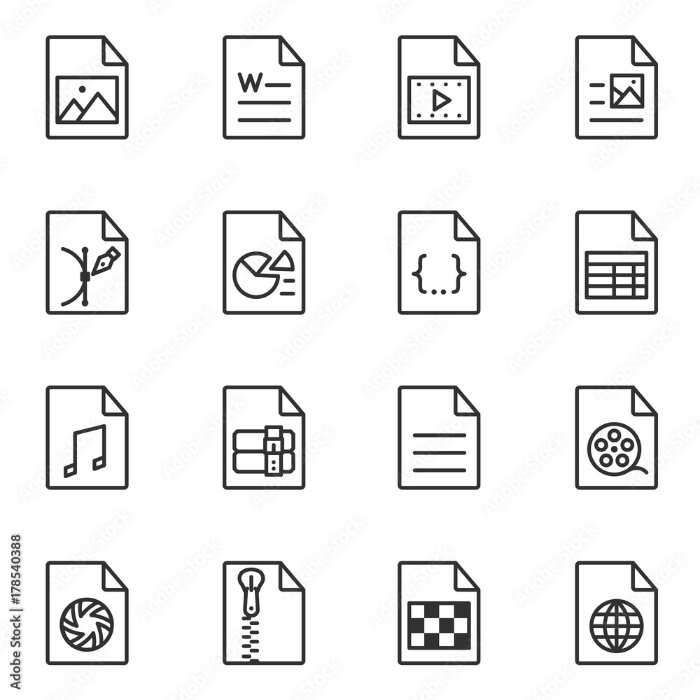 File format icon set. Line style. File extensions : AVI, JPG, MP3, PDF,  XLS, PNG, MOV, DOC, EPS, PPT, ZIP, CSS, RAR, HTML, RAW, TXT. Lines with  editable stroke. Stock Vector