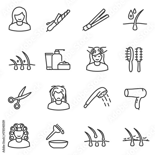 Hair care, icon set. Linear design.line with editable stroke.Collection of icons
