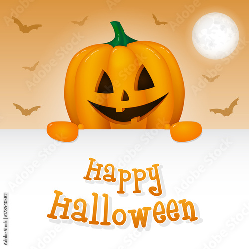 Happy Halloween - card with wishes and scary pumpkin lantern. Vector.