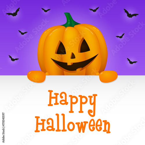 Happy Halloween - card with wishes and scary pumpkin lantern. Vector.